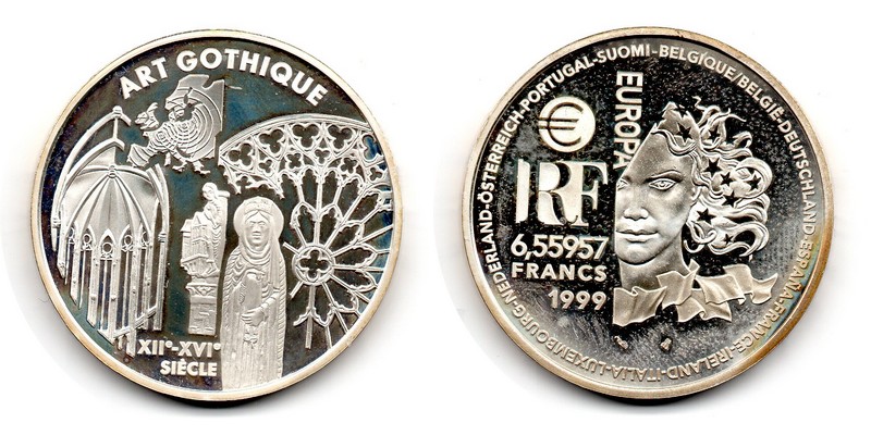  Frankreich  6,55957 Francs  1999  FM-Frankfurt Feingewicht: 19,98g  Silber  vz aus PP (angelaufen)   