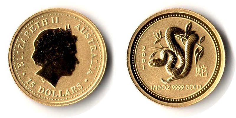 Australien MM-Frankfurt Feingewicht: 3,11g Gold 15 Dollar (Schlange) 2001 stempelglanz