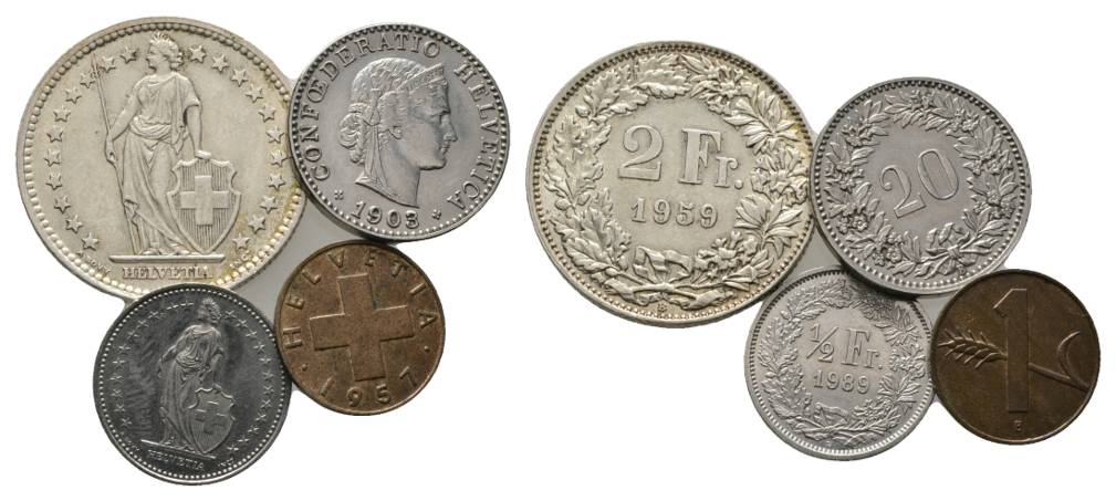  Schweiz, 2 Franken 1959; 20 Rappen 1903; 1/2 Franken 1989; 1 Rappen 1951   