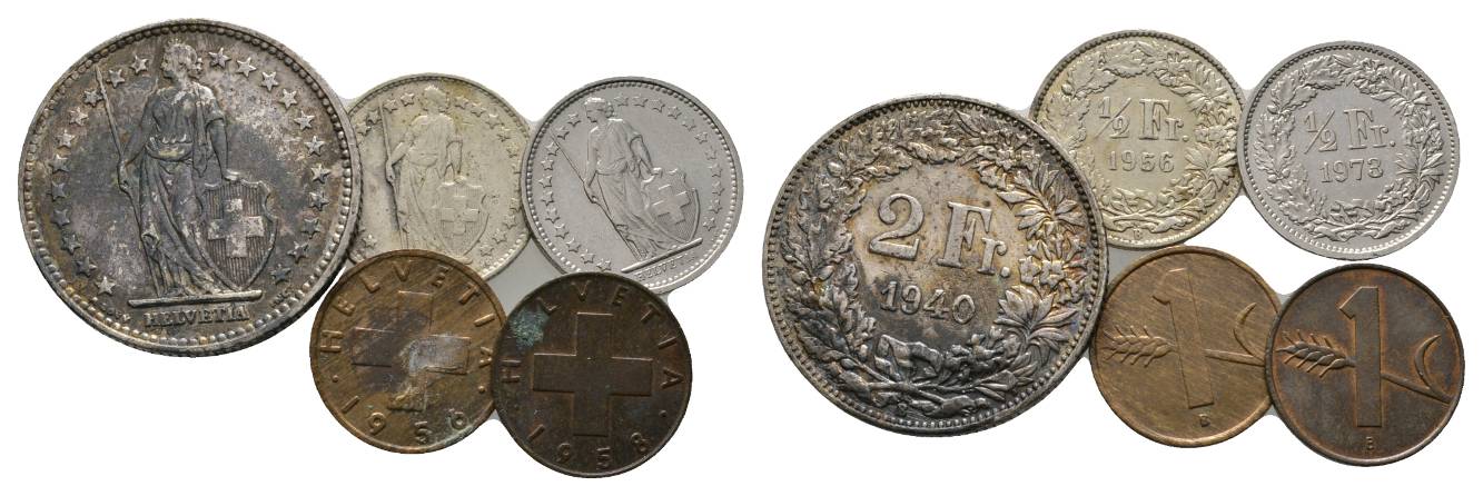  Schweiz, 2 Franken 1940; 1/2 Franken 1956/ 1973; 1 Rappen 1956/ 1958   