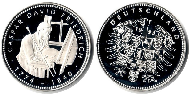  Deutschland Medaille 1993 FM-Frankfurt Feingewicht: ca. 20g Silber PP   Caspar David Friedrich   