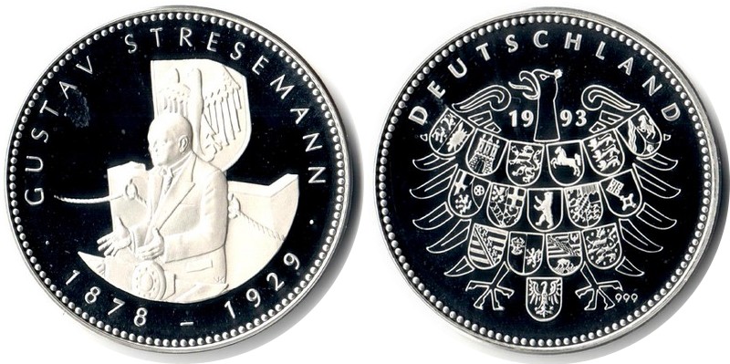  Deutschland Medaille 1993 FM-Frankfurt Feingewicht: ca. 20g Silber PP  Gustav Stresemann   