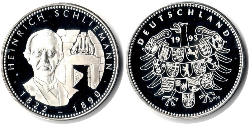  Deutschland Medaille 1993 FM-Frankfurt Feingewicht: ca. 20g Silber PP   Heinrich Schliemann   