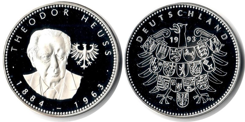  Deutschland Medaille 1993 FM-Frankfurt Feingewicht: ca. 20g Silber PP   Theodor Heuss   