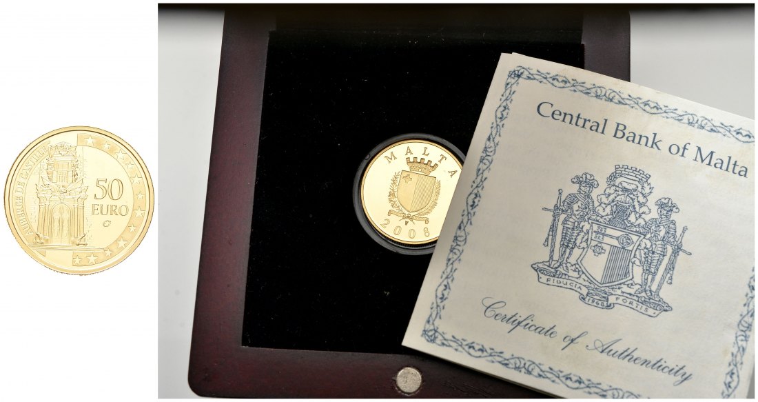 PEUS 8150 Malta 5,95 g Feingold.Auberge de Castille incl. Holzschatulle + Zertifikat 50 Euro GOLD 2008 Proof