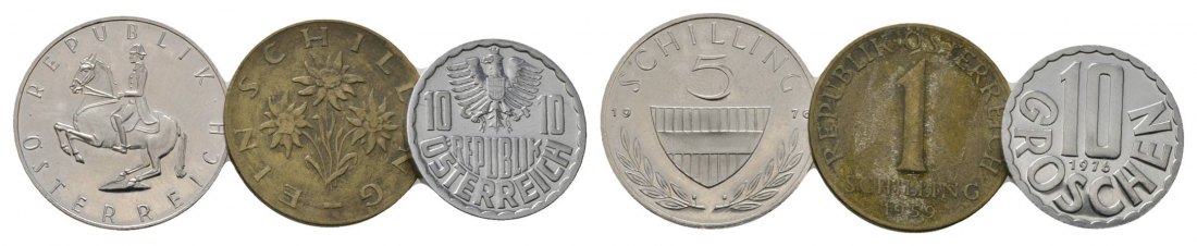  Österreich, 5 Schilling 1976;  1 Schilling 1959; 10 Groschen 1976   
