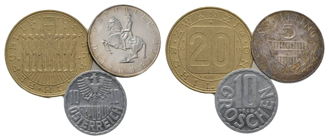  Österreich, 20 Schilling 1980;  5 Schilling 1965; 10 Groschen 1966   