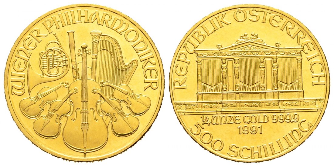 PEUS 8162 Österreich 7,78 g Feingold. Wiener Philharmoniker 500 Schilling GOLD 1/4 Unze 1991 Kl. Kratzer, Vorzüglich +