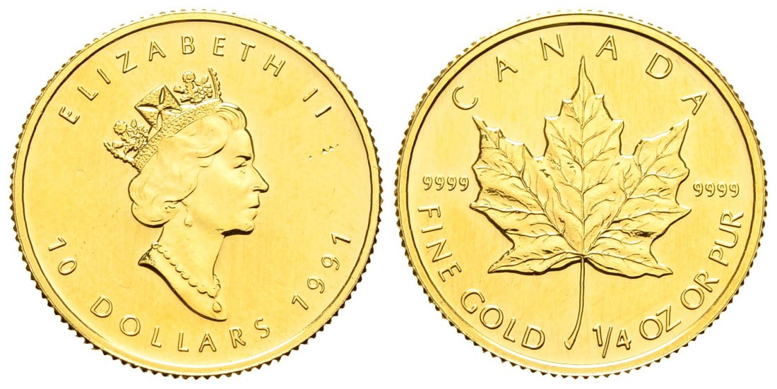 PEUS 8160 Kanada 7,78 g Feingold. Maple Leaf 10 Dollars GOLD 1/4 Unze 1991 Kratzer, Vorzüglich