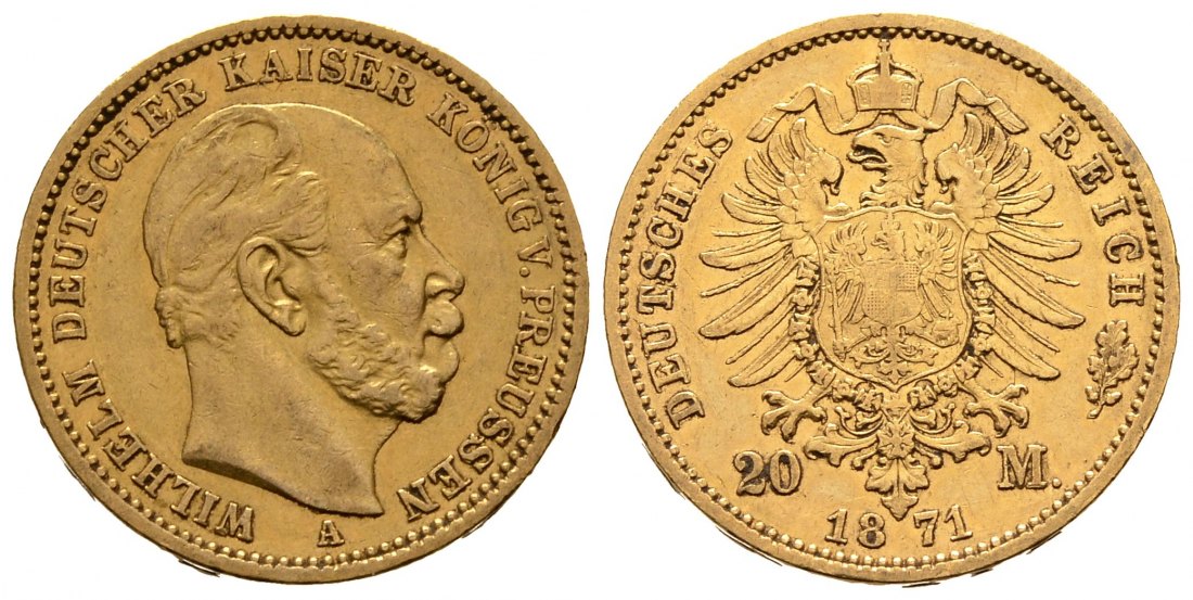 PEUS 8165 Preußen - Kaiserreich 7,17 g Feingold. Wilhelm I. (1861 - 1888) 20 Mark GOLD 1871 A Berlin Sehr schön / Schön