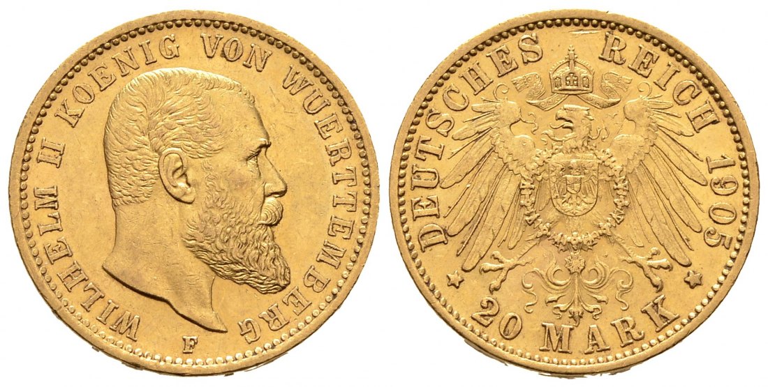 PEUS 8166 Kaiserreich - Württemberg 7,17 g Feingold. Wilhelm II. (1891 - 1918) 20 Mark GOLD 1905 F Stuttgart Sehr schön +