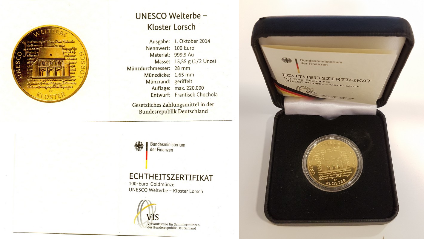 BRD MM-Frankfurt  Feingewicht: 15,55g Gold 100 EUR (Lorsch) 2014 stg