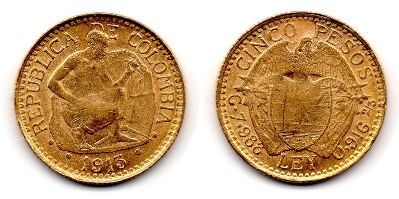 Kolumbien Feingewicht: 7,32g Gold 5 Pesos 1913 sehr schön