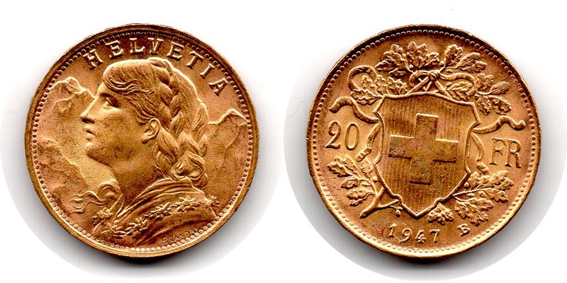 Schweiz MM-Frankfurt Feingewicht: 5,81g Gold 20sFR (Vreneli) 1947 B sehr schön / vorzüglich