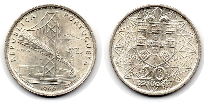  Portugal  20 Escudos  1966  FM-Frankfurt  Feingewicht: 6,5g Silber  vorzüglich   