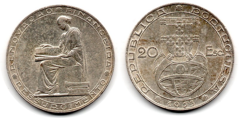  Portugal  20 Escudos  1953  FM-Frankfurt  Feingewicht: 16,8g Silber  sehr schön/vz   