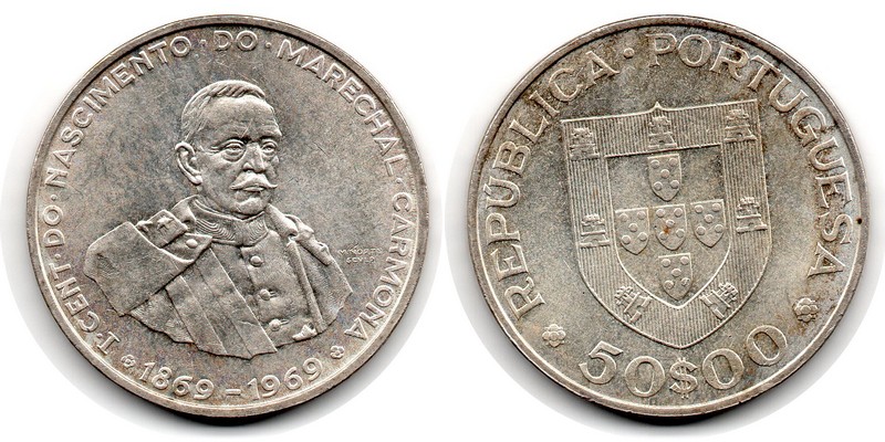  Portugal  50 Escudos  ND-1969  FM-Frankfurt  Feingewicht: 11,7g Silber  vorzüglich/sehr schön   