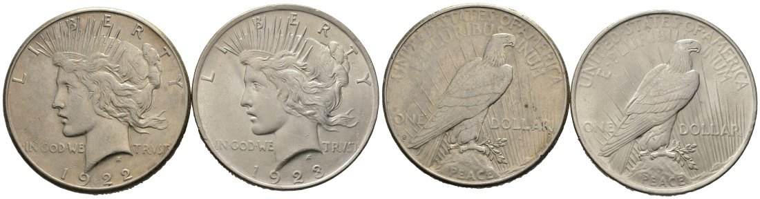 PEUS 8175 USA Insgesamt 48,1 g Feinsilber Peace Dollar Lot (2 Münzen) 1922 + 23 Sehr schön - Vorzüglich