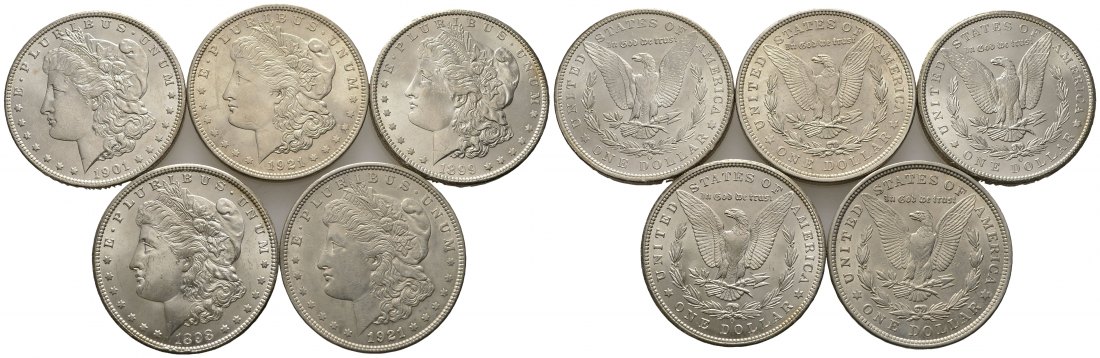 PEUS 8176 USA 120,3 g Feinsilber. Morgan Dollar Lot SILBER (5 Münzen) 1899 - 1921 Meist vorzüglich