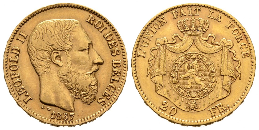 PEUS 8177 Belgien 5,81 g Feingold. Leopold II. 1865-1909 20 Francs GOLD 1867 Sehr schön