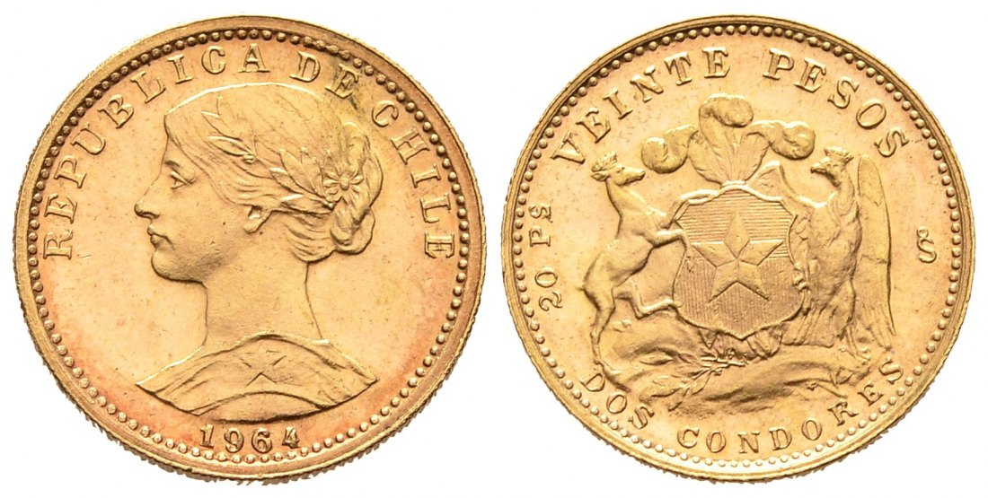 PEUS 8178 Chile 3,66 g Feingold 20 Pesos GOLD 1964 Vorzüglich