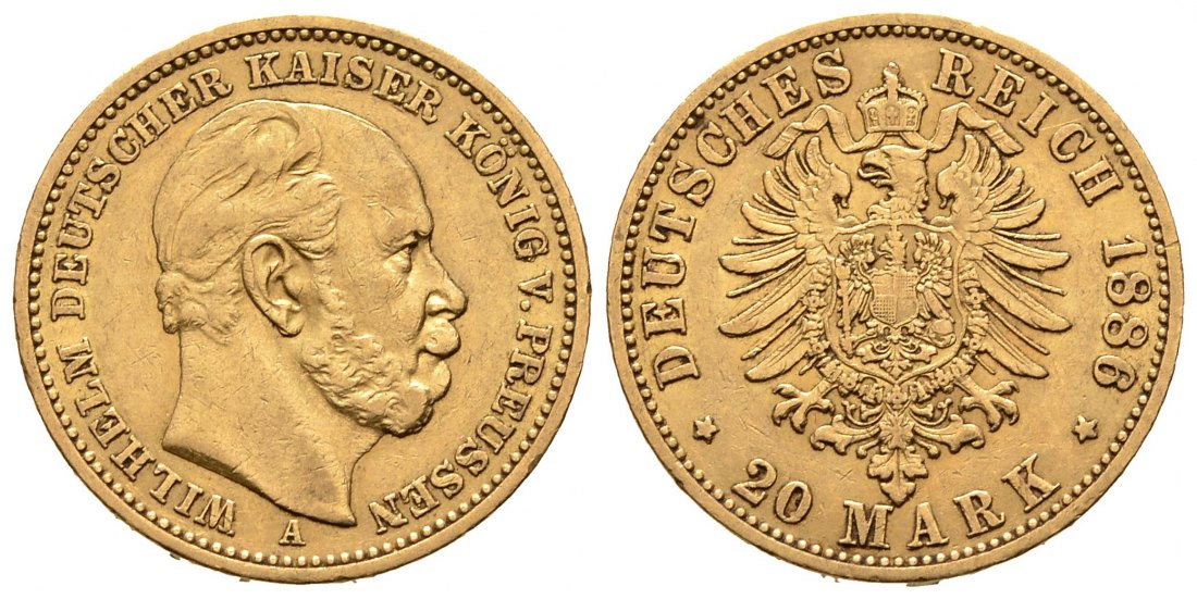 PEUS 8179 Preußen 7,17 g Feingold. Wilhelm I. (1861 - 1888) 20 Mark GOLD 1886 A Berlin Sehr schön
