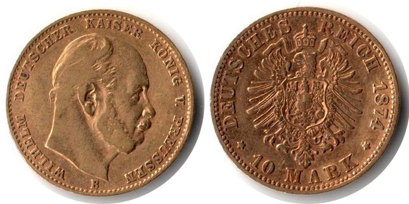 Preussen, Königreich MM-Frankfurt Feingewicht: 3,58g Gold 10 Mark 1874B sehr schön