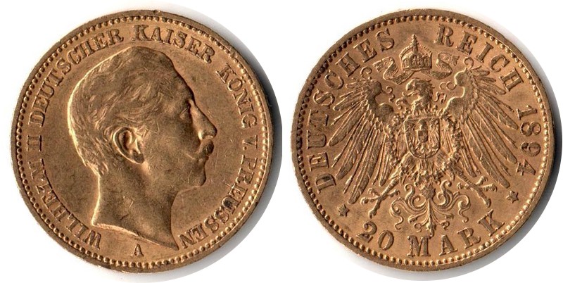 Preussen, Kaiserreich MM-Frankfurt Feingewicht: 7,17g Gold 20 Mark 1894 A sehr schön