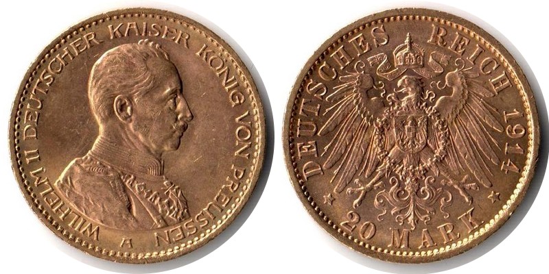 Preussen, Königreich MM-Frankfurt Feingewicht: 7,17g Gold 20 Mark 1914 A sehr schön