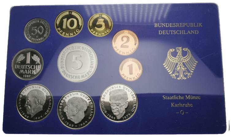  Deutschland, Kursmünzensatz, 1 Pfennig - 5 DM 1987 G   