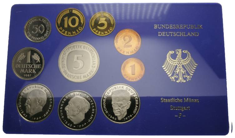  Deutschland, Kursmünzensatz, 1 Pfennig - 5 DM 1987 F   