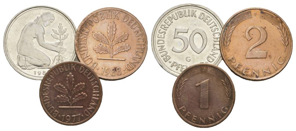  BRD, 50 Pfennig 1989, 2 Pfennig 1988, 1 Pfennig 1977   