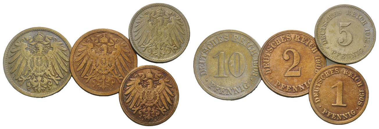  Kaiserreich, 4 Kleinmünzen 1903/ 1906/ 1908/ 1912   