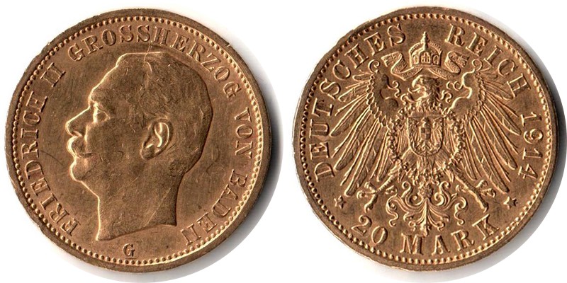 Baden, Großherzogtum MM-Frankfurt Feingewicht: 7,17g Gold 20 Mark 1914 sehr schön