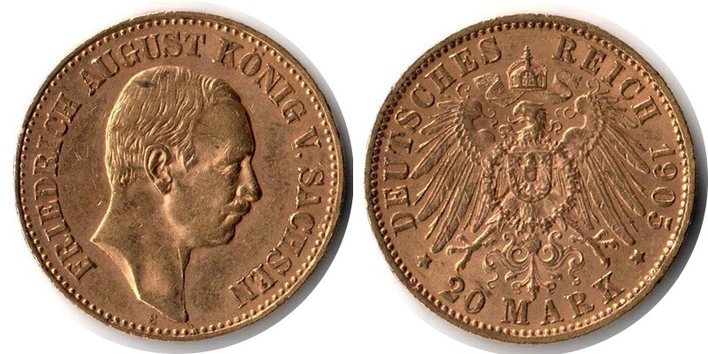 Sachsen, Königreich MM-Frankfurt Feingewicht: 7,17g Gold 20 Mark 1905 E sehr schön