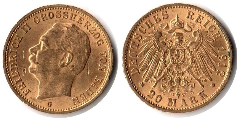 Baden, Großherzogtum MM-Frankfurt Feingewicht: 7,17g Gold 20 Mark 1912 sehr schön