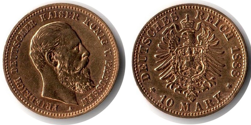 Preussen, Kaiserreich MM-Frankfurt Feingewicht: 3,58g Gold 10 Mark 1888 A sehr schön