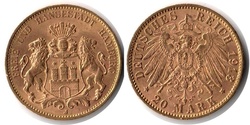 Hamburg, Freie und Hansestadt MM-Frankfurt Feingewicht: 7,17g Gold 20 Mark 1913 J sehr schön/vz
