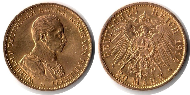 Preussen, Königreich MM-Frankfurt Feingewicht: 7,17g Gold 20 Mark 1914 A sehr schön / vorzüglich