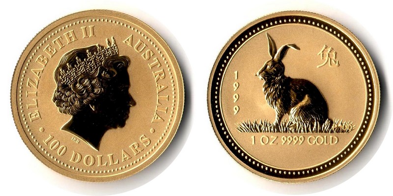 Australien MM-Frankfurt Feingewicht: 31,1g Gold 100 Dollars (Hase) 1999 stempelglanz
