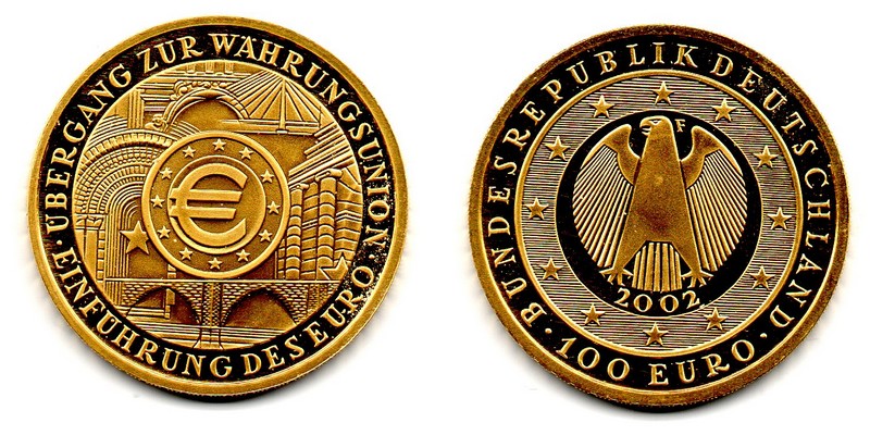 BRD MM-Frankfurt  Feingewicht: 15,5g Gold 100 EUR (Einführung EURO) 2002 F stempelglanz