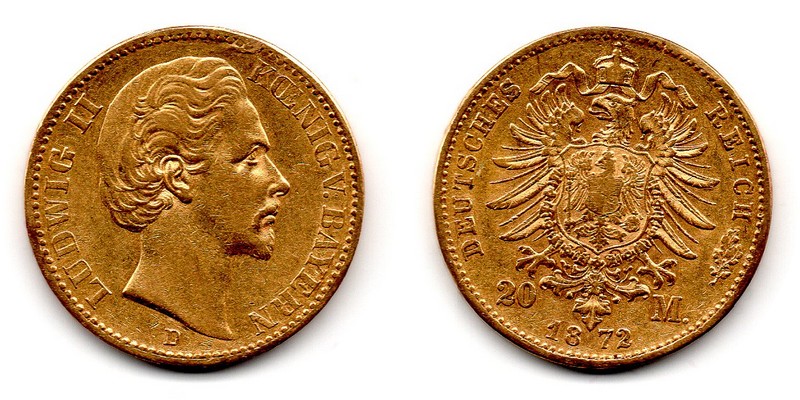 Bayern, Königreich MM-Frankfurt Feingewicht: 7,17g Gold 20 Mark 1872 D sehr schön