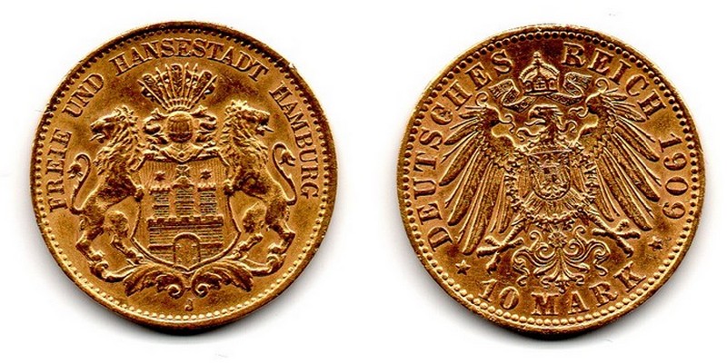 Hamburg, Königreich FM-Frankfurt  Feingewicht: 3,58g Gold 10 Mark 1909 sehr schön