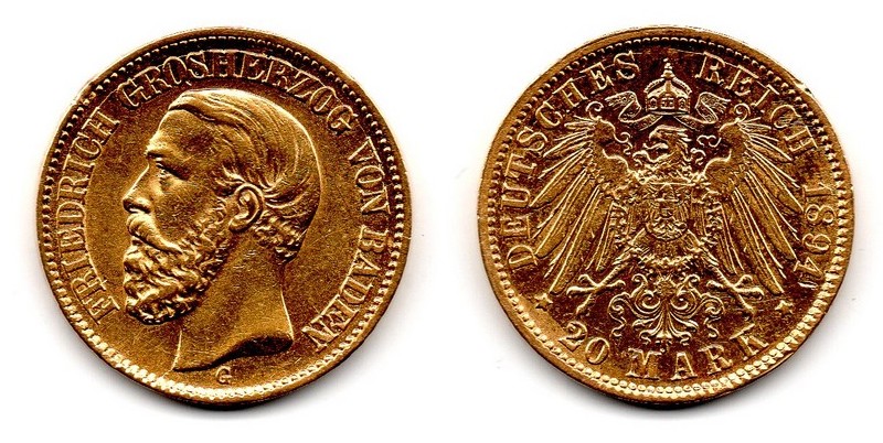 Baden, Großherzogtum MM-Frankfurt Feingewicht: 7,17g Gold 20 Mark 1894 G sehr schön