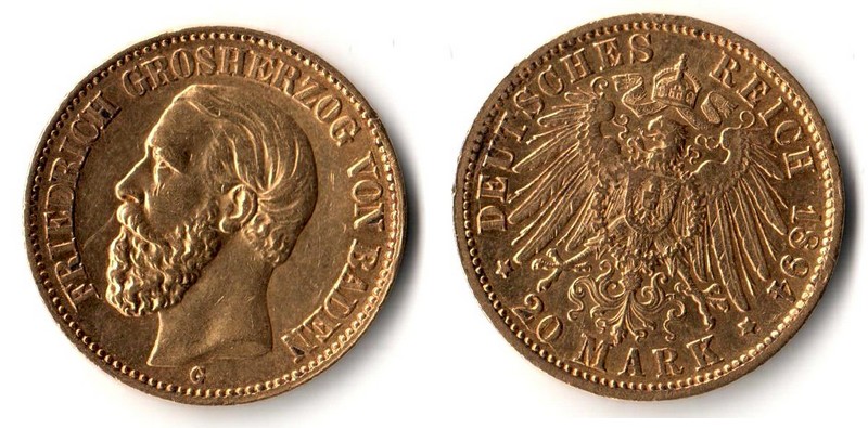 Baden, Großherzogtum MM-Frankfurt Feingewicht: 7,17g Gold 20 Mark 1894 G sehr schön