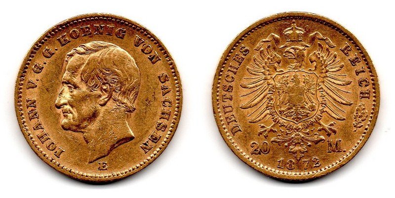 Sachsen, Königreich MM-Frankfurt Feingewicht: 7,17g Gold 20 Mark 1872 E sehr schön