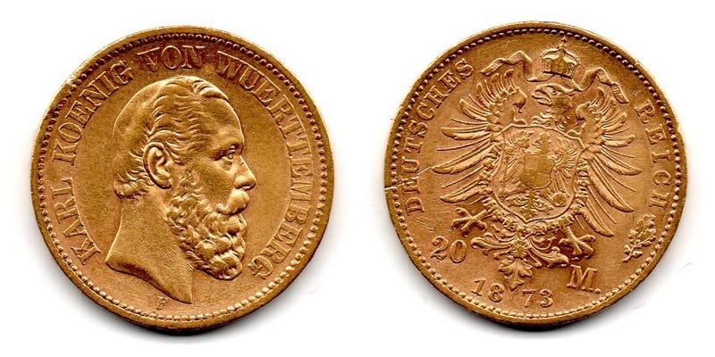 Würtemberg, Königreich MM-Frankfurt Feingewicht: 7,17g Gold 20 Mark 1873 F sehr schön