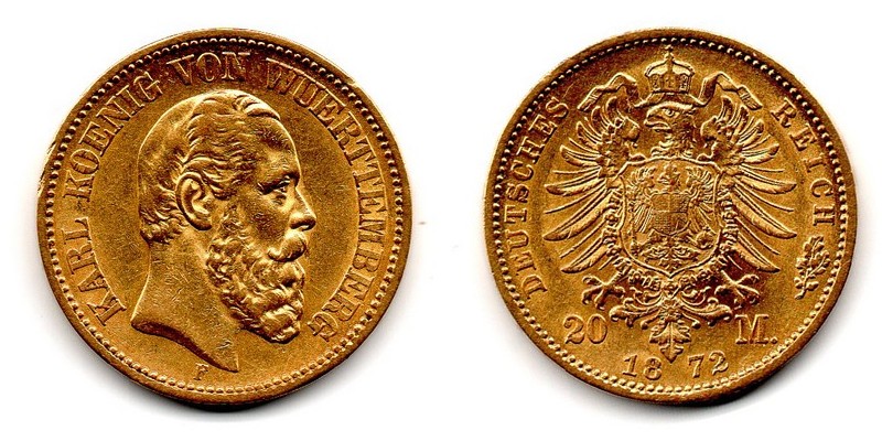 Würtemberg, Königreich MM-Frankfurt Feingewicht: 7,17g Gold 20 Mark 1872 F sehr schön