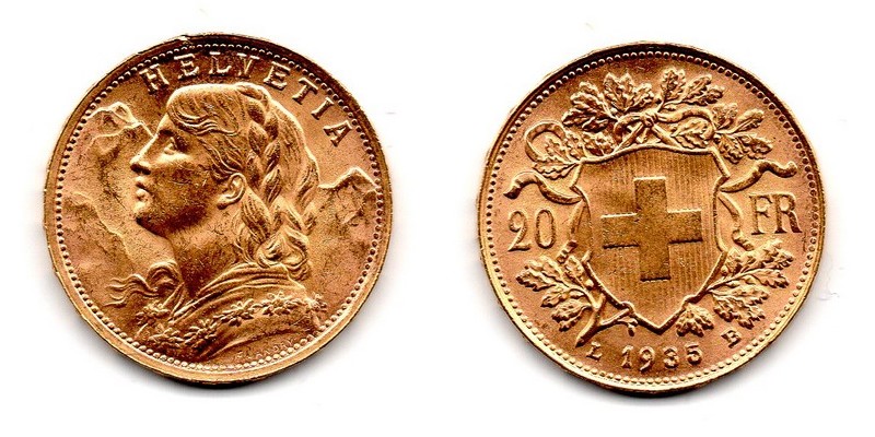 Schweiz MM-Frankfurt Feingewicht: 5,81g Gold 20sFR (Vreneli) 1935 L B vorzüglich