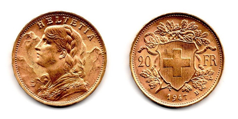 Schweiz MM-Frankfurt Feingewicht: 5,81g Gold 20sFR (Vreneli) 1947 B sehr schön